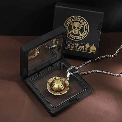 Luffy Straw Hat Logo Bronzed Metal Titanium Steel Necklace Set