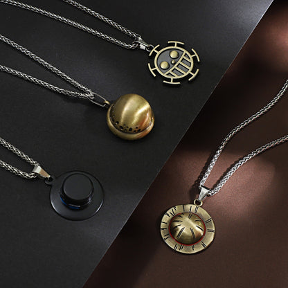 Luffy Straw Hat Logo Bronzed Metal Titanium Steel Necklace Set