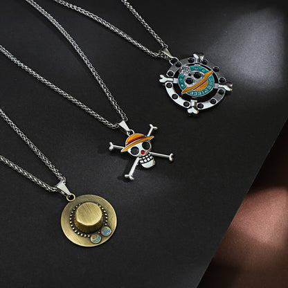 Luffy Straw Hat Logo Bronzed Metal Titanium Steel Necklace Set